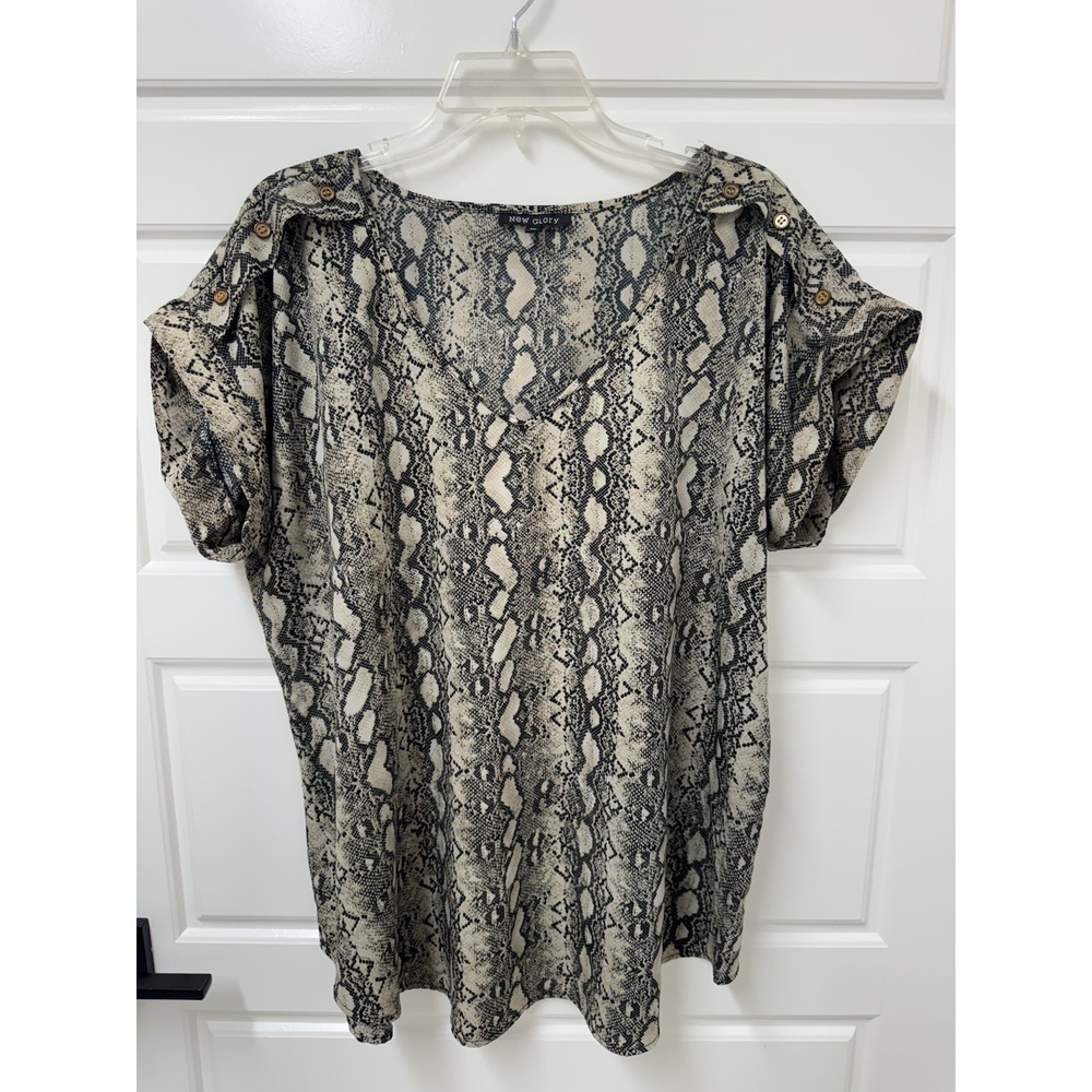 New Glory Womens 1X Snakeskin Print Vneck Blouse Short Sleeve Top Multicolor